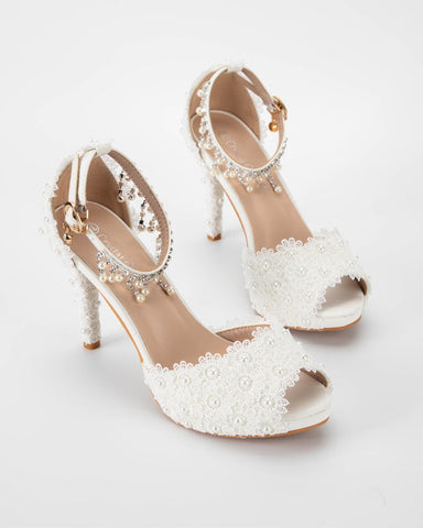 Fish Mouth Lace Beaded High Heeled Sandals