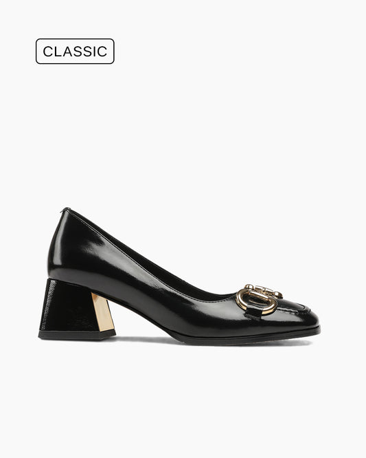 Classic Metal Buckle Patent Leather Mid Heel Shallow Mouth Loafers