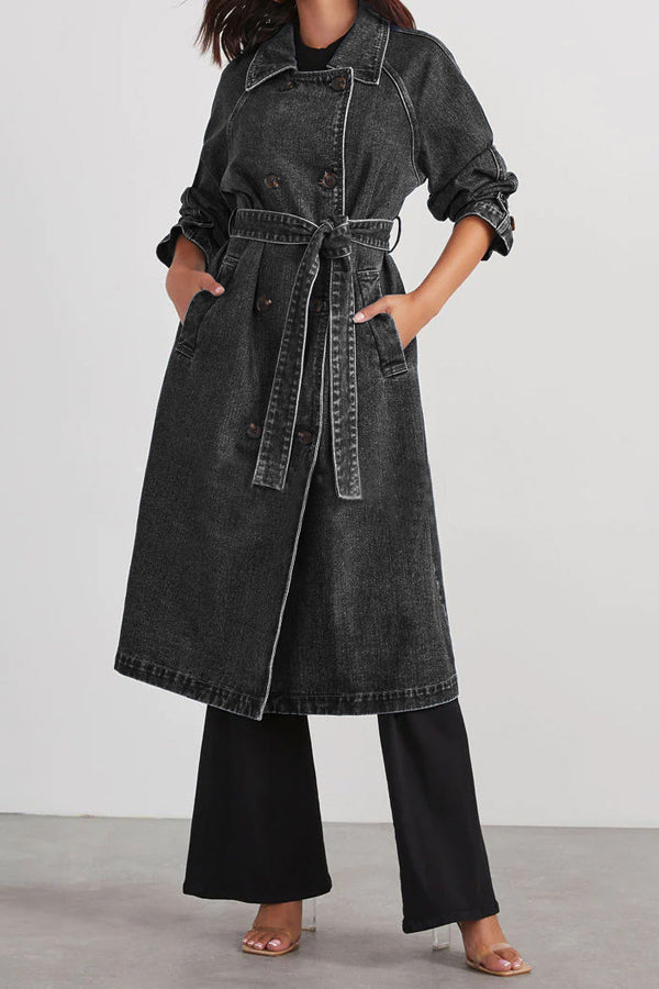 Denim Cotton Solid Color Double Pocket Long Coat