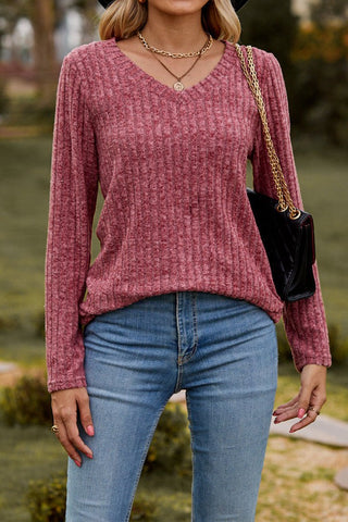 Casual Elegance V-neck Vertical Striped Solid Color Sweater