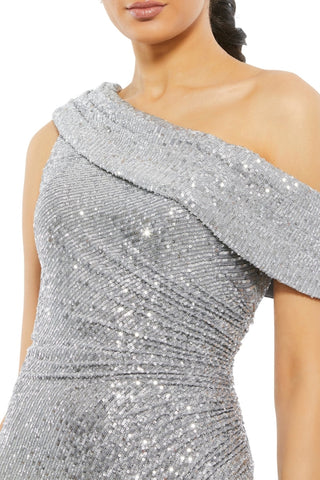 Metallic Sequin Slant-neck High-cross One-shoulder Evening Dress