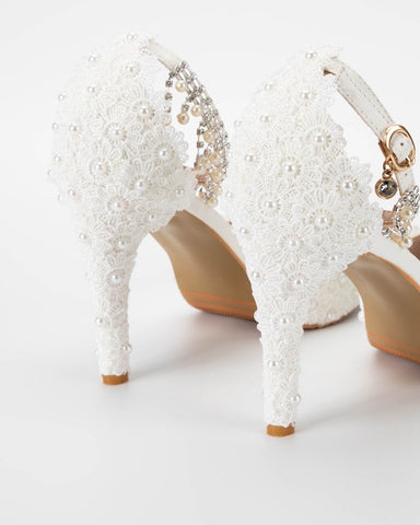 Fish Mouth Lace Beaded High Heeled Sandals