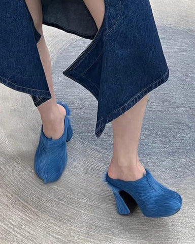 Designer Real Fur Chunky High Heel Mules