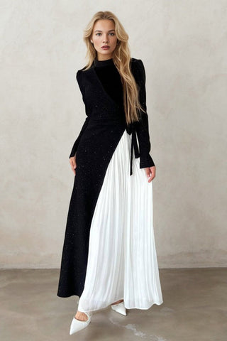 Elegance Puff Sleeve Contrast Pleated Maxi Dress