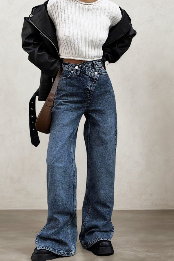 Stylish Cross Waist Split Hem Straight Jeans