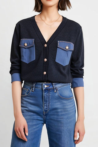 Cozy V-neck Contrast Denim Single Breasted Sweater