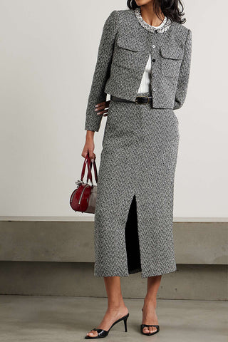 Pre Order Diamond Trim Tweed Jacket & Split Hem Skirt Set