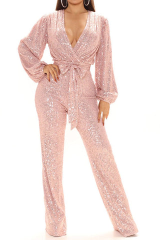 Glittery Deep-V Lantern Sleeve Sequin Party Jumpsuit