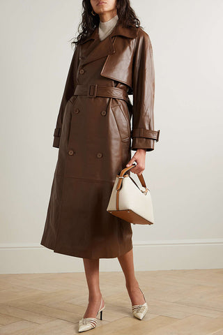 Pre Order Lapel Collar Belted Leather Trench Coat