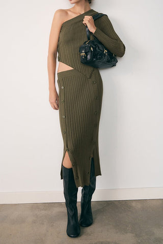 Pre Order Ribbed Asymmetric Sweater & Split Hem Skirt Set