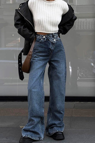 Stylish Cross Waist Split Hem Straight Jeans