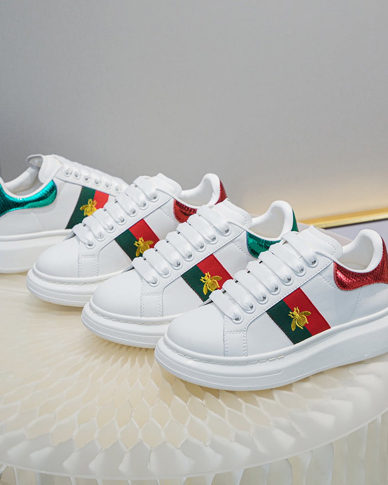 Bee-Embroidered-Red-and-Green-Striped-Sneakers