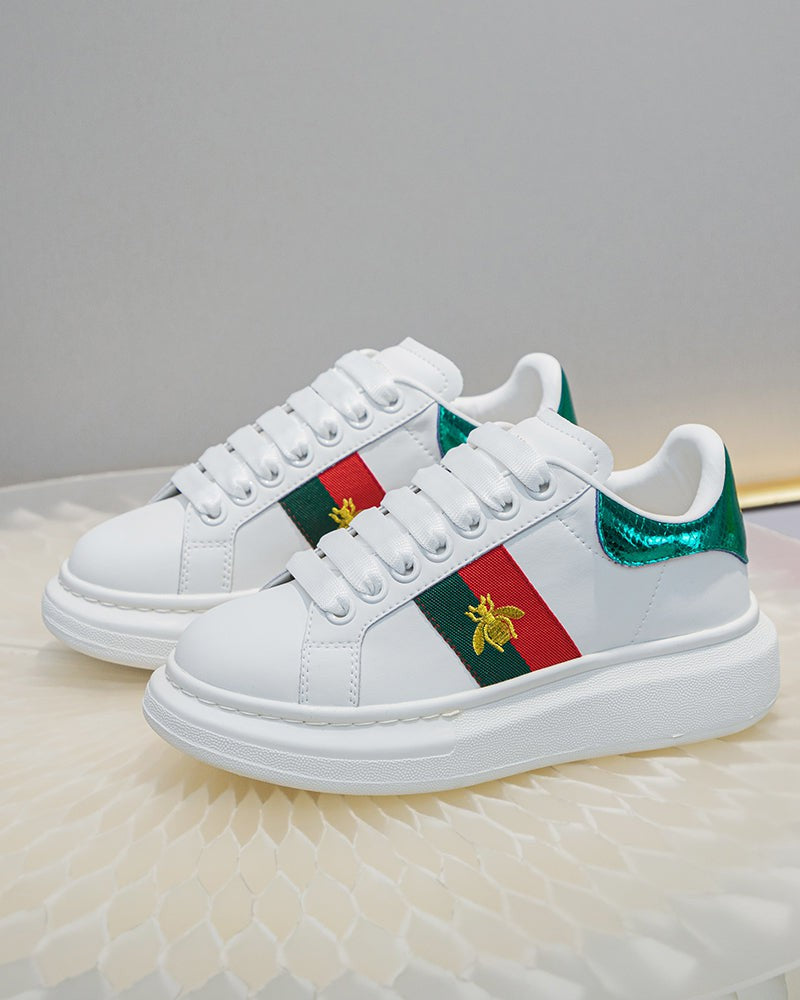 Bee-Embroidered-Red-and-Green-Striped-Sneakers