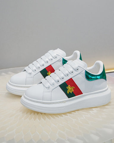 Bee-Embroidered-Red-and-Green-Striped-Sneakers