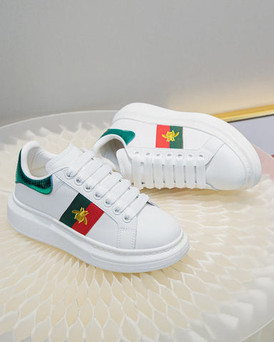 Bee-Embroidered-Red-and-Green-Striped-Sneakers