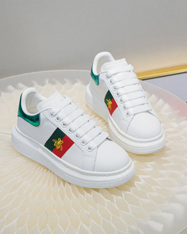 Bee-Embroidered-Red-and-Green-Striped-Sneakers