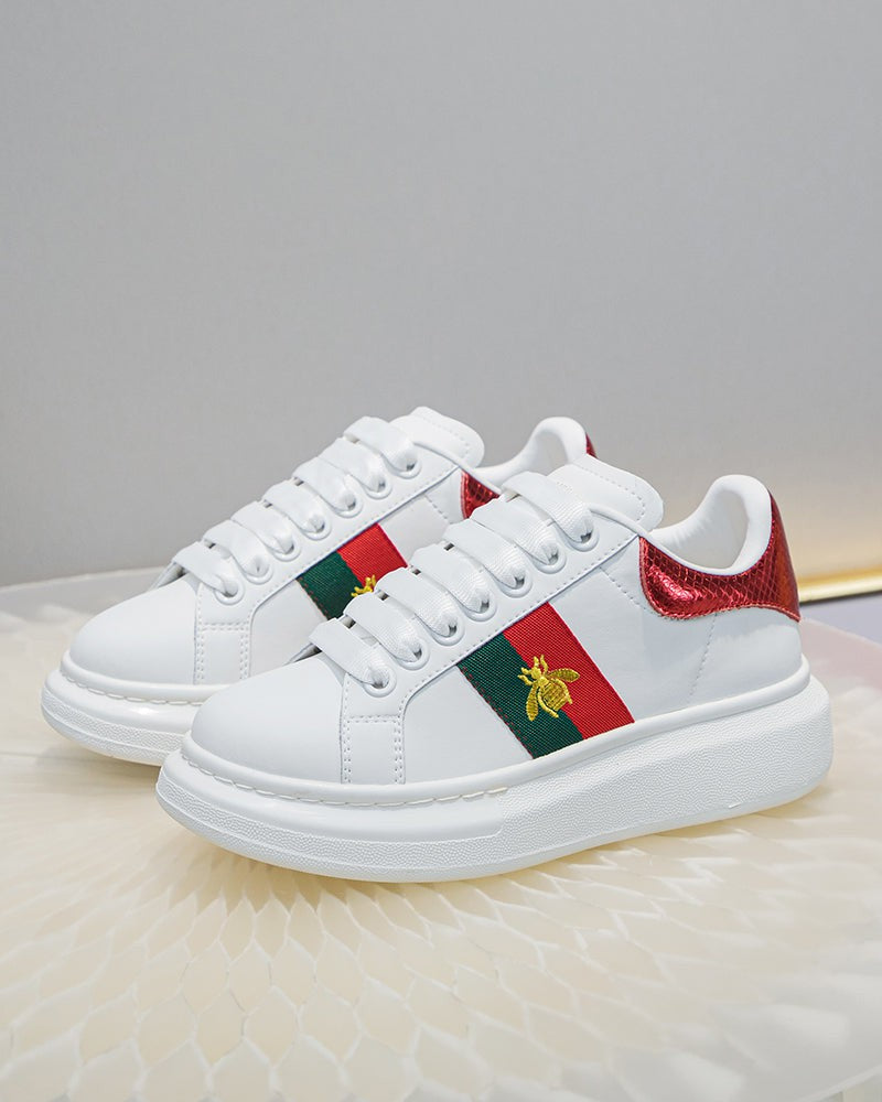 Bee-Embroidered-Red-and-Green-Striped-Sneakers