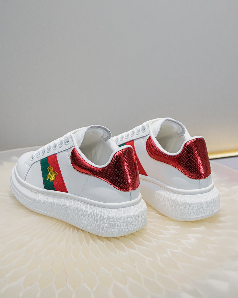 Bee-Embroidered-Red-and-Green-Striped-Sneakers