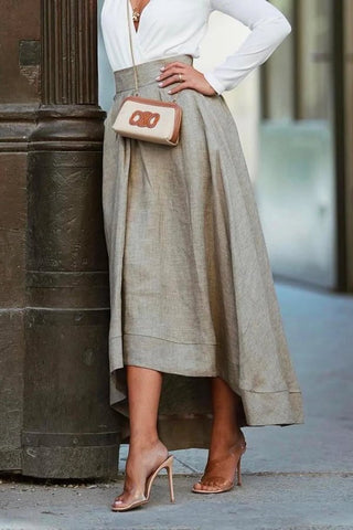 Solid Color Versatile Shirt Elegant Linen Midi Skirt Set