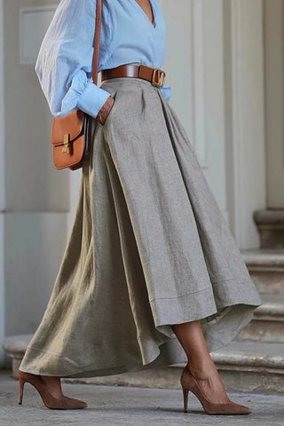 Solid Color Versatile Shirt Elegant Linen Midi Skirt Set