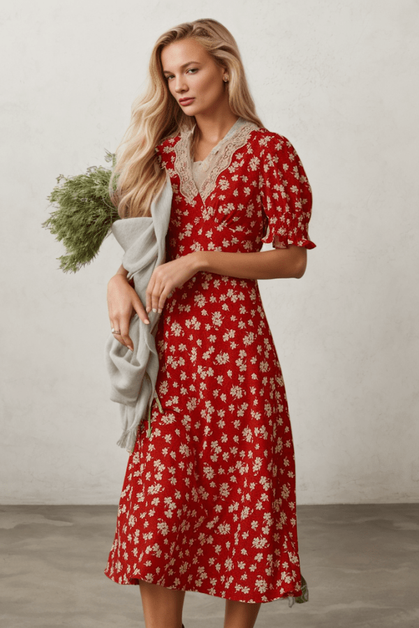 Retro Red Puff Dleeve Floral Dress