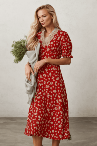 Retro Red Puff Dleeve Floral Dress