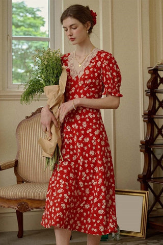 Retro Red Puff Dleeve Floral Dress