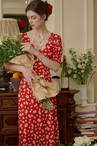 Retro Red Puff Dleeve Floral Dress