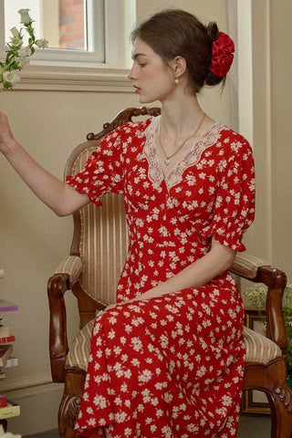 Retro Red Puff Dleeve Floral Dress