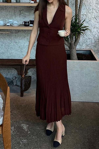 Relaxed Elegance-Suit Collar Suit Vest Top Mid-length Pleated Skirt Suit