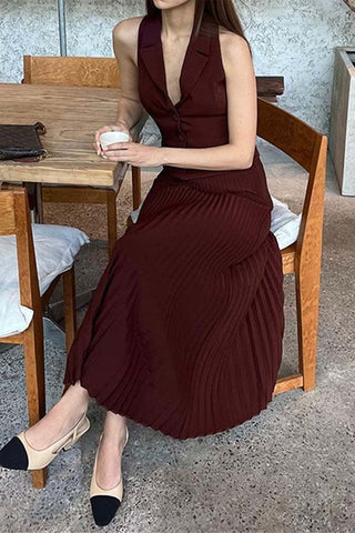 Relaxed Elegance-Suit Collar Suit Vest Top Mid-length Pleated Skirt Suit