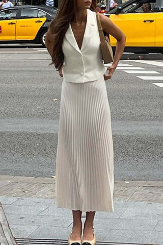 Relaxed Elegance-Suit Collar Suit Vest Top Mid-length Pleated Skirt Suit