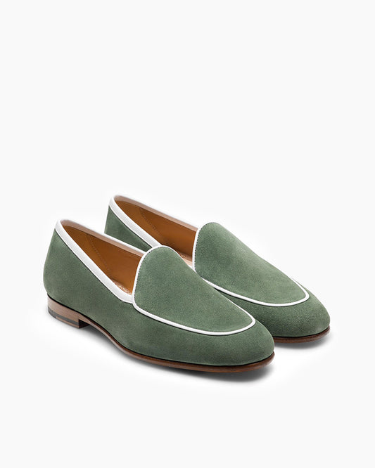 Avocado Green Suede Flat Penny Loafers