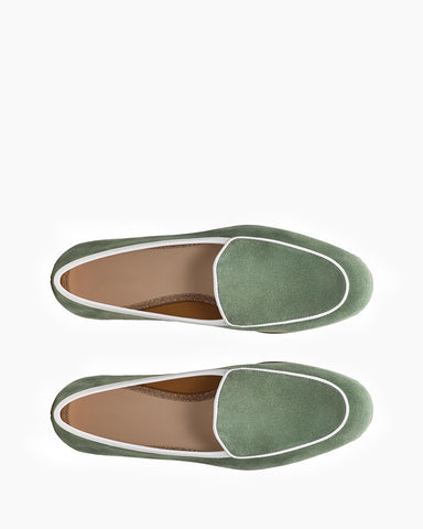 Avocado Green Suede Flat Penny Loafers