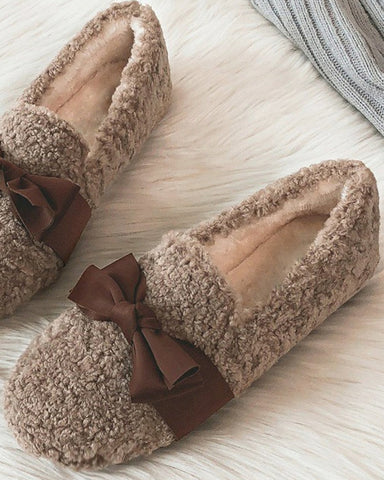 Faux Lamb Wool Comfy Warm Bow Loafers