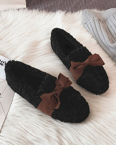 Faux Lamb Wool Comfy Warm Bow Loafers