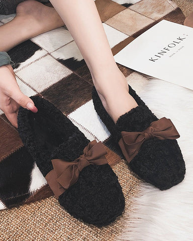 Faux Lamb Wool Comfy Warm Bow Loafers