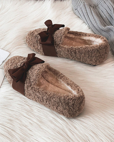 Faux Lamb Wool Comfy Warm Bow Loafers