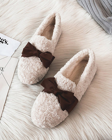 Faux Lamb Wool Comfy Warm Bow Loafers