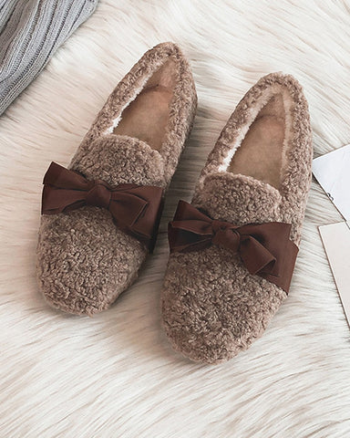 Faux Lamb Wool Comfy Warm Bow Loafers