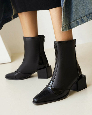 Square Head Color Matching Mid Heel Ankle Boots