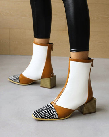 Square Head Color Matching Mid Heel Ankle Boots