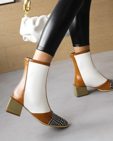 Square Head Color Matching Mid Heel Ankle Boots