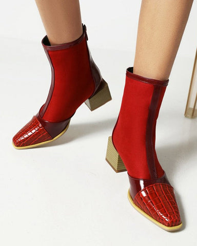 Square Head Color Matching Mid Heel Ankle Boots