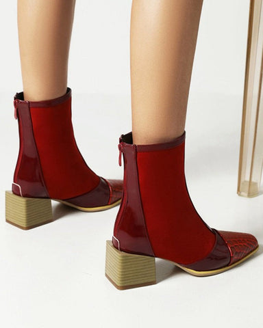 Square Head Color Matching Mid Heel Ankle Boots