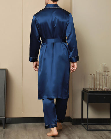 Men's Pure Silk Contrast Piping Belted Robe (Without Pants)