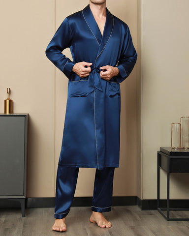 Men's Pure Silk Contrast Piping Belted Robe (Without Pants)