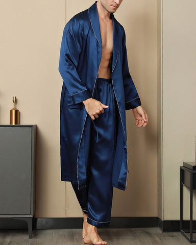 Men's Pure Silk Contrast Piping Belted Robe (Without Pants)