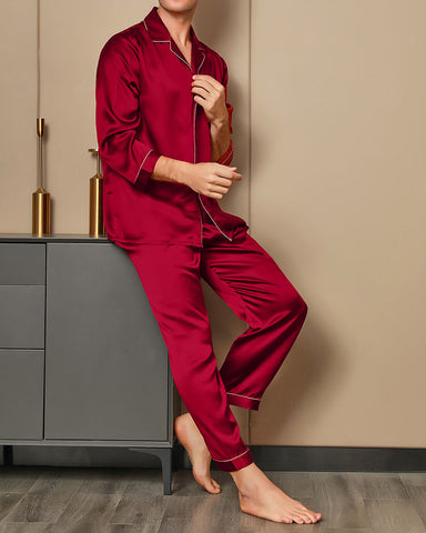 Men's 100% Luxurious Silk Lapel Pajamas 2Pcs