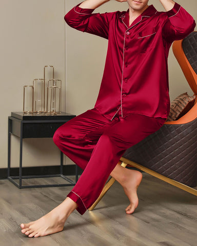 Men's 100% Luxurious Silk Lapel Pajamas 2Pcs